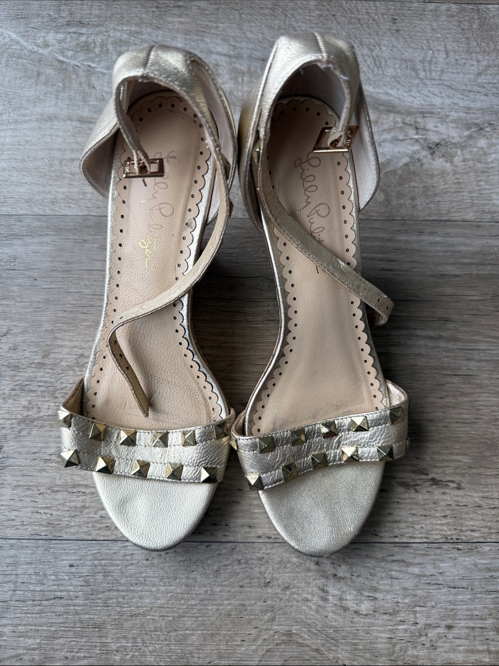 Lilly Pulitzer Metallic Gold Studded Ankle-Strap Heels